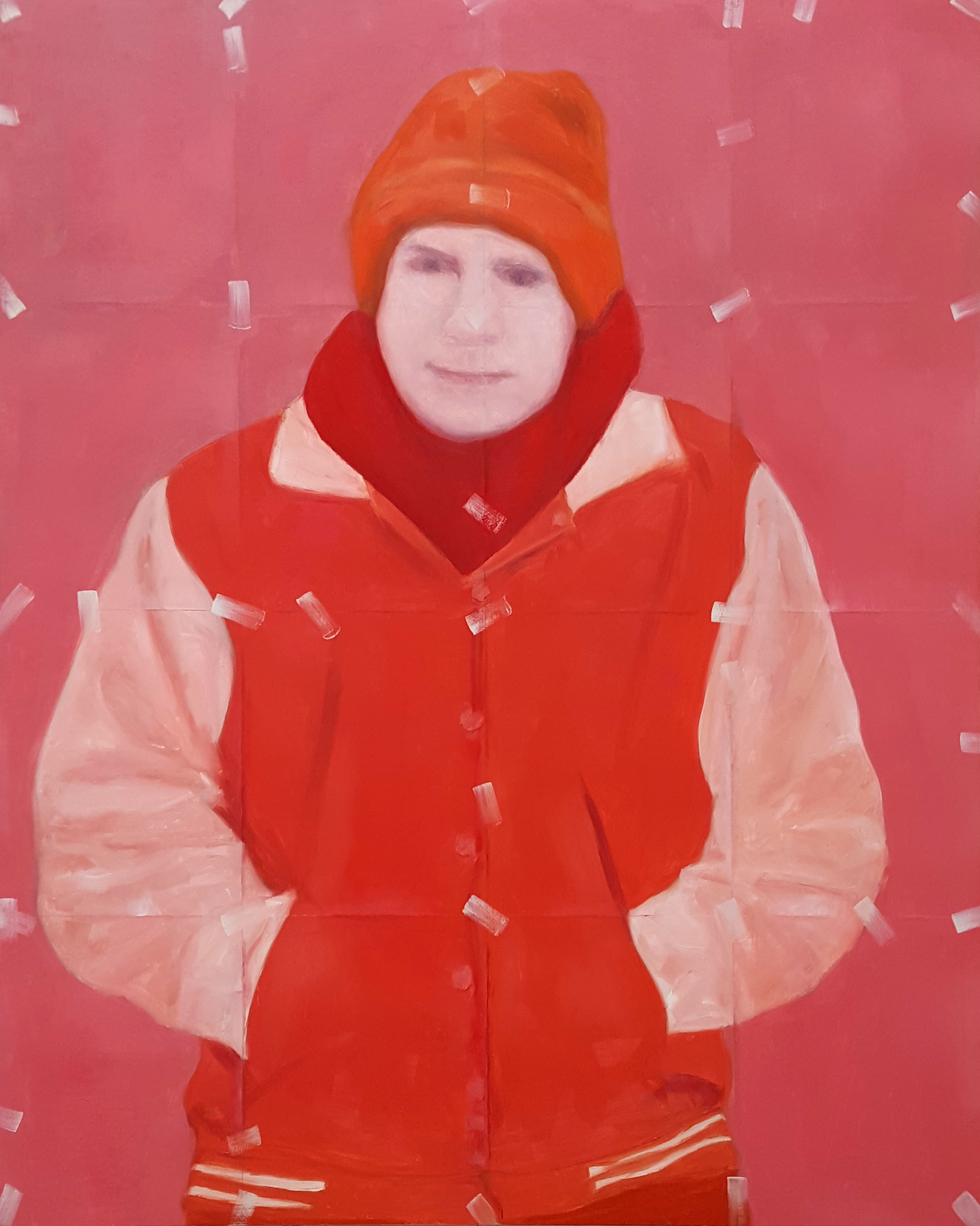 red monochrome oil painting portrait of a bundled up man on a cold day