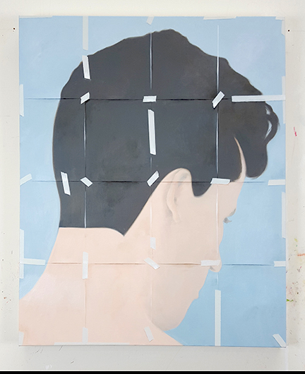 oil painting  of a young man viwed from behind looking down in a flat graphic style