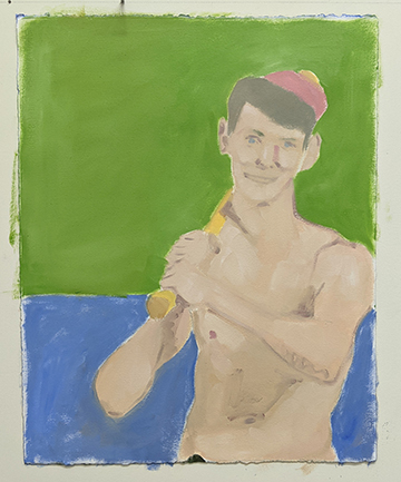 oil painting of a shirtless man with a red cap holding a baseball bat.