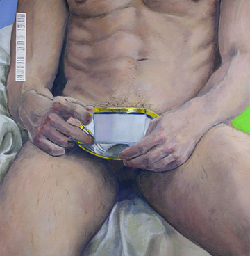 oil painting  of a nude male with a gold rimmed  teacup and saucer blocking his genitals
