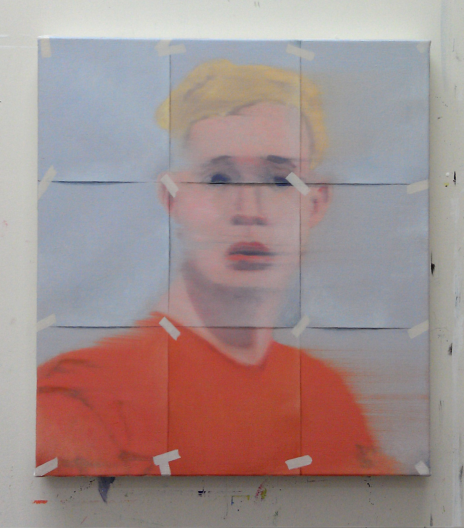 blurry oil painting portrait of a young man with blond hair, red tee shirt and with a worried expression 