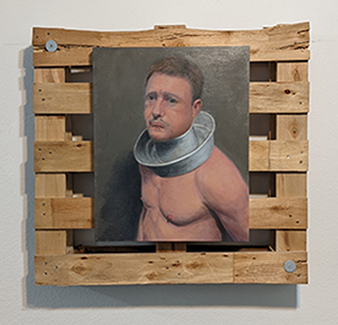 oil painting by Patrick Donovan of shirtless muscular man with a jello ring mold around his neck looking anxious, unhappy.