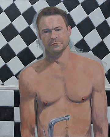 oil painting of shirtless man before a bathroom sink at 6 AM looking unhappy because its another commuting work day