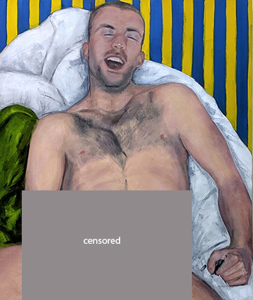oil painting  of a nude young man reclining on cushions masturbating with a view of his genital area blocked and censored