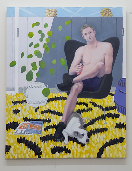 oil painting of shirtless youn man in his living room with a shag rug with a dog and with contrails in the sky.